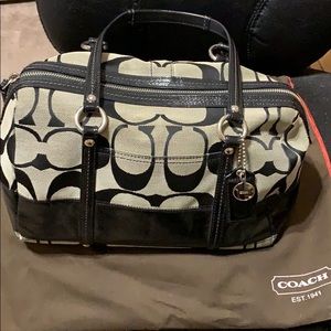 Coach gray and black monogram satchel with patent